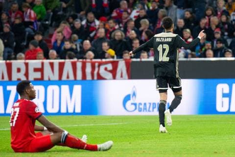 02.10.2018, xkvx, Fussball UEFA Champions League, FC Bayern Muenchen - Ajax Amsterdam emspor, v.l. Tor, Torjubel, Goal celebration, celebrate the goal zum 1:1 durch Noussair Mazraoui (Ajax Amsterdam) (DFL DFB REGULATIONS PROHIBIT ANY USE OF PHOTOGRAPHS as IMAGE SEQUENCES and or QUASI-VIDEO) Muenchen