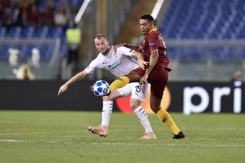 Juan Jesus of AS Roma and Michael Krmencik of Viktoria Plzen fight for the ball during the UEFA Champions League group stage match between Roma and FC Viktoria Plzen at Stadio Olimpico, Rome, Italy on 2 October 2018. Copyright: xGiuseppexMaffiax 21460009