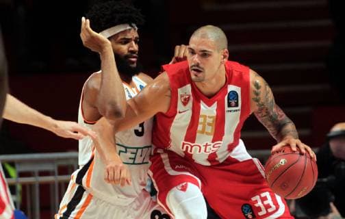 02.10.2018 Belgrade(Serbia) KK Crvena Zvezda MTS(Red Star)-BC Ratiopharm ULM 7Days Eurocup men s basketball Dwayne Evans(L)BC Ratiopharm ULM, Maik Zirbes(R)KK Crvena Zvezda MTS(Red Star) : 