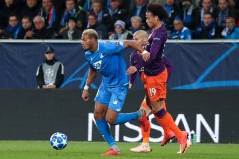 v.li.: Joelinton Cassio Apolinario de Lira (Joelinton, Hoffenheim, 34), Leroy Sane (ManCity, 19), David Josue Jimenez Silva (ManCity, 21, verdeckt), Aktion, Action, Spielszene, Fussball, UEFA Champions League, TSG 1899 Hoffenheim - Manchester City FC,