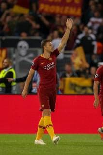 2nd October 2018, Stadio Olimpico, Rome, Italy; UEFA Champions League football, Juventus versus FC Viktoria Plzen; Edin Dzeko of Roma celebrates after scoring his first goal in the 3rd minute  ActionPlus12067398 GiampieroxSposito