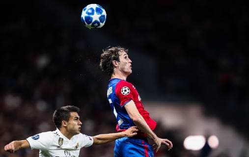 MOSCOW, RUSSIA - OCTOBER 2, 2018: CSKA Moscow s Mario Fernandes (R) and Real Madrid s Sergio Reguilon in action in their 2018 19 UEFA Champions League Group G Round 2 football match at Luzhniki Stadium. Valery Sharifulin TASS  TS0923D5