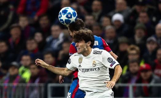 MOSCOW, RUSSIA - OCTOBER 2, 2018: CSKA Moscow s Ivan Oblyakov (L) and Real Madrid s Alvaro Odriozola head the ball in their 2018 19 UEFA Champions League Group G Round 2 football match at Luzhniki Stadium. Valery Sharifulin TASS  TS0923D6