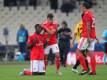 AEK Athens v Benfica UEFA Champions League Alfa Semedo and Franco Cervi of Benfica at the end of the UEFA Champions League match at Olympic Stadium, Athens Content Not Available For UK Newspapers Copyright: xYannisxHalasx FIL-12362-0034