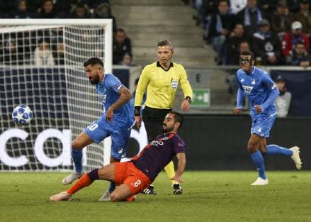 Kerem Kaderabek 10; Ilkay Gundogan 8; during the UEFA Champions League group F football match between TSG 1899 Hoffenheim and Manchester City at the Rhein-Neckar-Arena in Sinsheim, southwestern Germany, on October 2, 2018. FOOTBALL : TSG 1899 Hoffenheim vs Manchester City - Ligue des Champions - 02 10 2018 ElyxandroCegarra Panoramic 