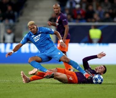 Deutschland, Sinsheim, WIRSOL Rhein-Neckar-Arena, 02.10.2018, Fussball - UEFA Champions League - TSG Hoffenheim - Manchester City Bild: v. lk. Joelinton (TSG 1899 Hoffenheim, 34) und Aymeric Laporte (Manchester City, 14) Copyright: HMBxMedia xHeikoxBecker