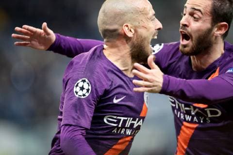 Deutschland, Sinsheim, WIRSOL Rhein-Neckar-Arena, 02.10.2018, Fussball - UEFA Champions League - TSG Hoffenheim - Manchester City Bild: v. lk. bejubeln den Siegtreffer, Torschütze David Silva (Manchester City, 21) und Sergio Agüero (Manchester City, 10) Copyright: HMBxMedia xHeikoxBecker