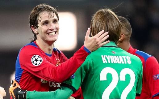 MOSCOW, RUSSIA - OCTOBER 2, 2018: CSKA Moscow s Mario Fernandes (L) and goalkeeper Georgy Kyrnats celebrate their victory in the 2018 19 UEFA Champions League Group G Round 2 football match against Real Madrid at Luzhniki Stadium. Valery Sharifulin TASS  TS092432