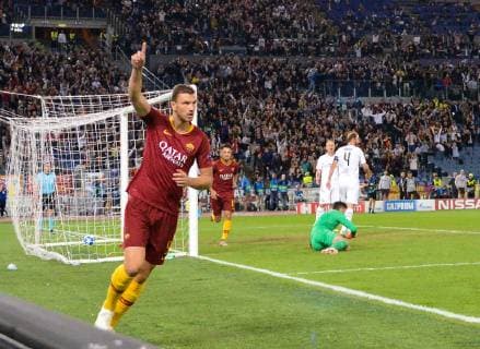 October 2, 2018 - Rome, Italy - Edin Dzeko celebrates after scoring goal 1-0 during the UEFA Champions League match group G between AS Roma and Viktoria Plzen at the Olympic stadium on october 02, 2018 in Rome, Italy. AS Roma v Viktoria Plzen - UEFA Champions League Group G  - ZUMAn230 20181002_zaa_n230_464 Copyright: xSilviaxLorex