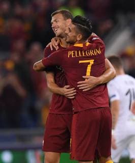 (181003) -- ROME, Oct. 3, 2018 -- Edin Dzeko (L) celebrates scoring with Lorenzo Pellegrini of Roma during a group G match of UEFA Champions League between Roma and Viktoria Plzen, in Rome, Italy, Oct. 2, 2018. Roma won 5-0. ) (SP)ITALY-ROME-SOCCER-UEFA CHAMPIONS LEAGUE-ROMA VS VIKTORIA PLZEN AlbertoxLingria 