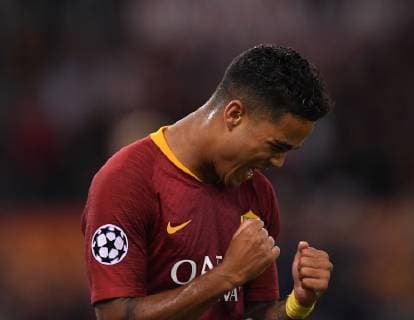 (181003) -- ROME, Oct. 3, 2018 -- Justin Kluivert of Roma celebrates scoring during a group G match of UEFA Champions League between Roma and Viktoria Plzen, in Rome, Italy, Oct. 2, 2018. Roma won 5-0. ) (SP)ITALY-ROME-SOCCER-UEFA CHAMPIONS LEAGUE-ROMA VS VIKTORIA PLZEN AlbertoxLingria 