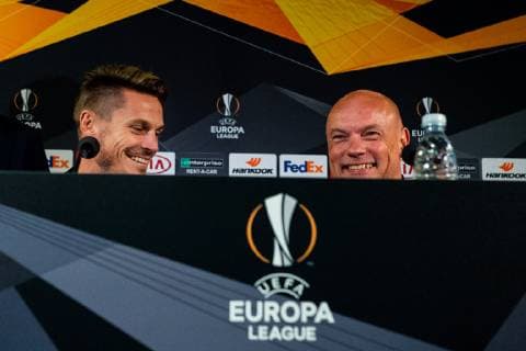 181003 of Malmö FF Markus Rosenberg and head coach Uwe Rösler of Malmö FF during a press conference PK Pressekonferenz and practice ahead of the Europa League match between Malmö FF and Besiktas on October 3, 2018 in Malmö. Photo: Ludvig Thunman BILDBYRN kod LT 35542 Copyright: LUDVIGxTHUNMAN BB181003LT004