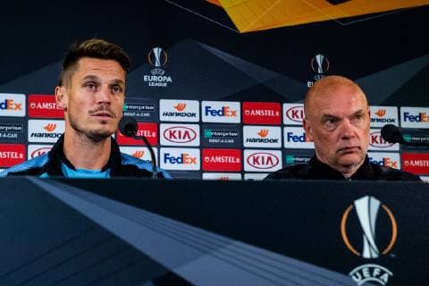 181003 Markus Rosenberg and head coach Uwe Rösler of Malmö FF during a press conference PK Pressekonferenz and practice ahead of the Europa League match between Malmö FF and Besiktas on October 3, 2018 in Malmö. Photo: Ludvig Thunman BILDBYRN kod LT 35542 Copyright: LUDVIGxTHUNMAN BB181003LT018
