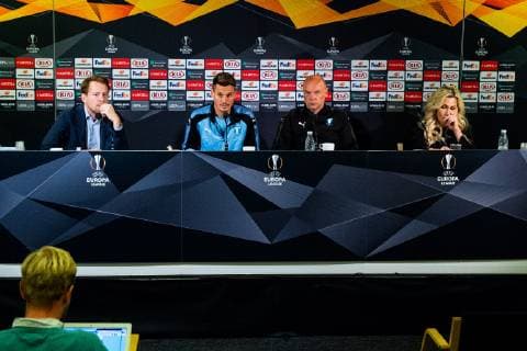 181003 Markus Rosenberg and head coach Uwe Rösler of Malmö FF during a press conference PK Pressekonferenz and practice ahead of the Europa League match between Malmö FF and Besiktas on October 3, 2018 in Malmö. Photo: Ludvig Thunman BILDBYRN kod LT 35542 Copyright: LUDVIGxTHUNMAN BB181003LT020