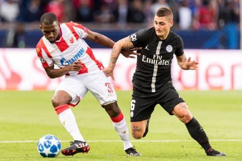 Fußball, CL, Paris Saint Germain - Roter Stern Belgrad (L-R) El Fardou Ben Nabouhane of Red Star Belgrade, Marco Verratti of Paris Saint-Germain during the UEFA Champions League group C match between Paris St Germain and Crvena zvezda at the Parc des Princes on October 03, 2018 in Paris, France UEFA Champions League 2018 2019 xVIxVIxImagesx xGerritxvanxKeulenxIVx 12333104