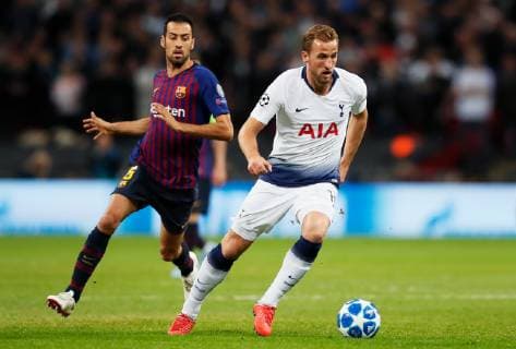 Tottenham s Harry Kane takes on Barcelona s Sergio Busquets during the UEFA Champions League Group B match at Wembley Stadium, London. Picture date: 3rd October 2018. Picture credit should read: David Kein Sportimage EDITORIAL USE ONLY. No use with unauthorised audio, video, data, fixture lists, club league logos or live services. Online in-match use limited to 120 images, no video emulation. No use in betting, games or single club league player publications.