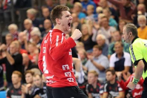 SG Flensburg-Handewitt vs HC Motor Zaporozhye, Handball, EHF Champions League Gruppenphase, 03.10.18 Torbjoern Bergerud (SG Flensburg-Handewitt, 30) jubelt