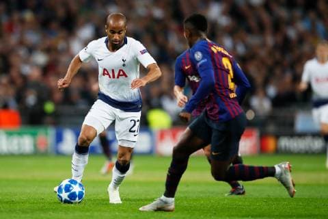 Tottenham s Lucas Moura takes on Barcelona s Nelson Semedo during the UEFA Champions League Group B match at Wembley Stadium, London. Picture date: 3rd October 2018. Picture credit should read: David Kein Sportimage EDITORIAL USE ONLY. No use with unauthorised audio, video, data, fixture lists, club league logos or live services. Online in-match use limited to 120 images, no video emulation. No use in betting, games or single club league player publications.