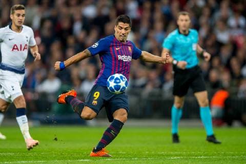 Luis Suarez of Barcelona takes a shot at goal during the UEFA Champions League Group Stage match between Tottenham Hotspur and Barcelona at Wembley Stadium, London, England on 3 October 2018. Editorial use only, license required for commercial use. No use in betting, games or a single club league player publications. Copyright: xSalvioxCalabresex 21440017