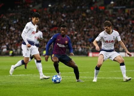 3rd October 2018, Wembley Stadium, London England; UEFA Champions League football, Tottenham Hotspur versus Barcelona; Nelson Semedo of Barcelona is marked by Ben Davies and Son Heung-Min of Tottenham Hotspur  ActionPlus12067671 JohnxPatrickxFletcher