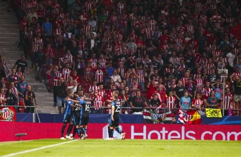 Brugges players celebrates a goal during the UEFA Champions League 2018 19 match between Atletico de Madrid and Club Brugge, at Wanda Metropolitano Stadium in Madrid on October 3, 2018. (Photo by Guille M. Cordon Press)