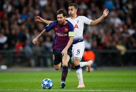 Barcelona s Lionel Messi takes on Tottenham s Harry Winks during the UEFA Champions League Group B match at Wembley Stadium, London. Picture date: 3rd October 2018. Picture credit should read: David Kein Sportimage EDITORIAL USE ONLY. No use with unauthorised audio, video, data, fixture lists, club league logos or live services. Online in-match use limited to 120 images, no video emulation. No use in betting, games or single club league player publications.