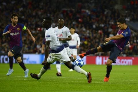 Luis Suarez of Barcelona shooting to goal Group B match of the UEFA Champions League between Tottenham Hotspurs and FC Barcelona Barca at Wembley Stadium on October 03, 2018 in London, England.