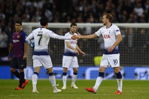 Harry Kane of Tottenham celebrates after scoring his sides first goal Group B match of the UEFA Champions League between Tottenham Hotspurs and FC Barcelona Barca at Wembley Stadium on October 03, 2018 in London, England.