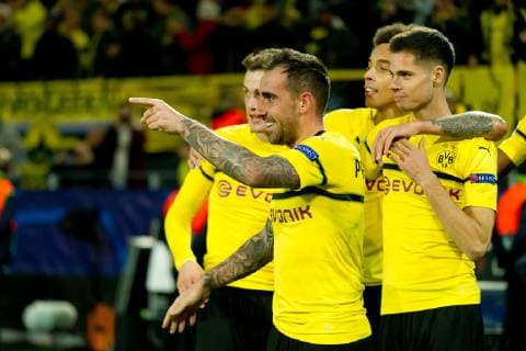 Dortmund, Germany, 03.10.2018, UEFA Champions League - 2018 19 Season, Vorrunde, Gruppenphase - Gruppe A - 2. Spieltag, BV Borussia Dortmund - AS Monaco, Tor zum 2:0, Torjubel, Torschuetze Paco Alcacer (BVB) wird bejubelt ( DeFodi053