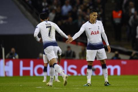 Erik Lamela of Tottenham celebrates after scoring his sides first goal Group B match of the UEFA Champions League between Tottenham Hotspurs and FC Barcelona Barca at Wembley Stadium on October 03, 2018 in London, England.