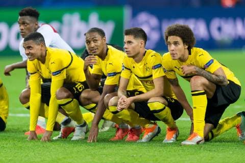 Dortmund, Germany, 03.10.2018, UEFA Champions League - 2018 19 Season, Vorrunde, Gruppenphase - Gruppe A - 2. Spieltag, BV Borussia Dortmund - AS Monaco, Manuel Akanji (BVB), Abdou Diallo (BVB), Julian Weigl (BVB) und Axel Witsel (BVB) schlussjubel ( DeFodi053