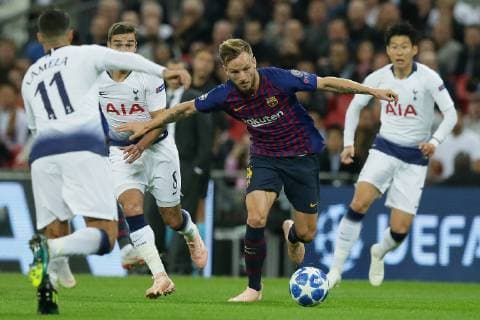 (181004) -- LONDON, Oct. 4, 2018 -- Barcelona s Ivan Rakitic (C) vies with Tottenham Hotspur s Harry Winks (2nd L) during the UEFA Champions League Group B match between Tottenham Hotspur and Barcelona at Wembley Stadium in London, Britain, Oct. 3, 2018. Barcelona won 4-2. ) FOR EDITORIAL USE ONLY. NOT FOR SALE FOR MARKETING OR ADVERTISING CAMPAIGNS. NO USE WITH UNAUTHORIZED AUDIO, VIDEO, DATA, FIXTURE LISTS, CLUB LEAGUE LOGOS OR LIVE SERVICES. ONLINE IN-MATCH USE LIMITED TO 45 IMAGES, NO VIDEO EMULATION. NO USE IN BETTING, GAMES OR SINGLE CLUB LEAGUE PLAYER PUBLICATIONS. (SP)BRITAIN-LONDON-FOOTBALL-UEFA CHAMPIONS LEAGUE-TOTTENHAM HOTSPUR VS BARCELONA TimxIreland