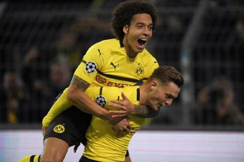 03.10.2018, Fussball, UEFA Champions League, Saison 2018 2019, Vorrunde, 2. Spieltag, Borussia Dortmund - AS Monaco 3:0, Jubel Jacob Bruun Larsen (Borussia Dortmund), Axel Witsel (Borussia Dortmund), v.re.