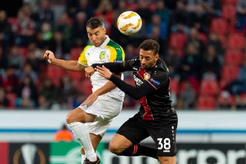 Leverkusen, Germany, 04.10.2018, UEFA Europa League - 2018 19 Season, Vorrunde, Gruppenphase - Gruppe A - 2. Spieltag, Bayer 04 Leverkusen - AEK Larnaka, Guillem Truyols (AEK Larnaka) und Karim Bellarabi (B04) im zweikampf ( DeFodi001