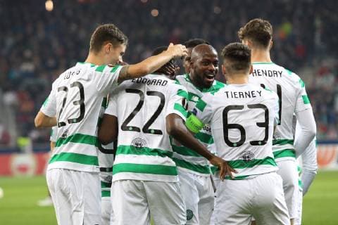 SOCCER - UEFA EL, RBS vs Celtic SALZBURG,AUSTRIA,04.OCT.18 - SOCCER - UEFA Europa League, group stage, Red Bull Salzburg vs Celtic FC Glasgow. Image shows the rejoicing of Celtic. GEPAxpictures xMathiasxMandl