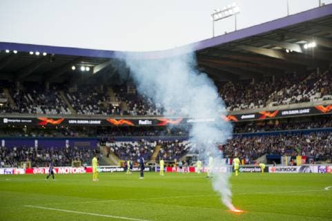 Illustration picture shows fireworks on the pitch during a game of Belgian soccer team RSC Anderlecht against Croatian team Dinamo Zagreb in Anderlecht, Thursday 04 October 2018, on day two of the Europa League group stage, in group D. JASPERxJACOBS  x05440563x