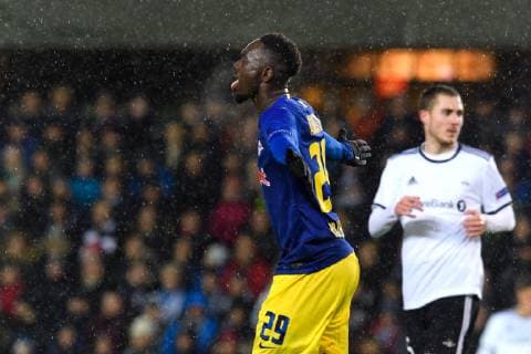 181004 Jean-Kevin Augustin of RB Leipzig celebrates after scoring 0-1 during the Europa League match between Rosenborg and RB Leipzig on October 4, 2018 in Trondheim. Photo: Jon Olav Nesvold BILDBYRN kod JE 160318 Copyright: JONxOLAVxNESVOLD BB181004JE014