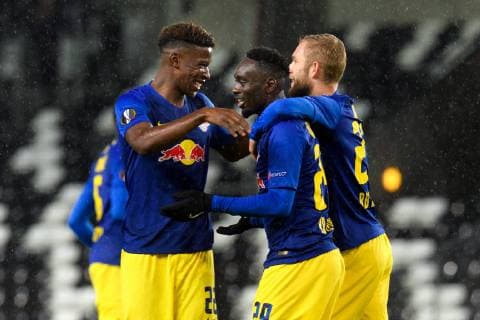 Sport Bilder des Tages 181004 Nordi Mukiele, Jean-Kevin Augustin and and Konrad Laimer of RB Leipzigcelebrates the 0-1 goal during the Europa League match between Rosenborg and RB Leipzig on October 4, 2018 in Trondheim. Photo: Jon Olav Nesvold BILDBYRAN kod JE 160318 Copyright: JONxOLAVxNESVOLD BB181004JE015
