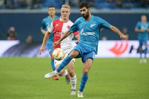 ST PETERSBURG, RUSSIA â€“ OCTOBER 4, 2018: FC Slavia Praha s Jan Matousek and FC Zenit St Petersburg s Luis Neto in action in their 2018 19 UEFA Europa League Group C Round 2 football match at Saint Petersburg Stadium. Peter Kovalev TASS  TS0928D4