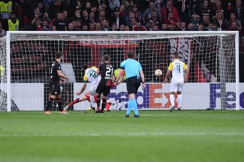 Fußball Europa League Gruppenphase 2. Spieltag Bayer 04 Leverkusen - AEK Larnaka am 04.10.2018 in der BayArena in Leverkusen Tor zum 0:1 durch Ivan Trickovski ( Larnaka ) DFL DFB regulations prohibit any use of photographs as image sequences and or quasi-video.