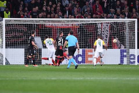 Fußball Europa League Gruppenphase 2. Spieltag Bayer 04 Leverkusen - AEK Larnaka am 04.10.2018 in der BayArena in Leverkusen Tor zum 0:1 durch Ivan Trickovski ( Larnaka ) DFL DFB regulations prohibit any use of photographs as image sequences and or quasi-video.