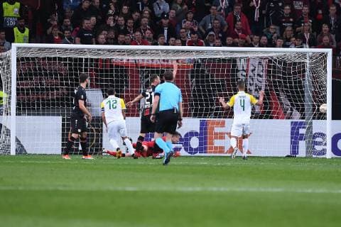 Fußball Europa League Gruppenphase 2. Spieltag Bayer 04 Leverkusen - AEK Larnaka am 04.10.2018 in der BayArena in Leverkusen Tor zum 0:1 durch Ivan Trickovski ( Larnaka ) DFL DFB regulations prohibit any use of photographs as image sequences and or quasi-video.