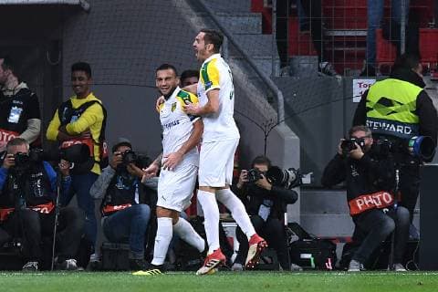 Fußball Europa League Gruppenphase 2. Spieltag Bayer 04 Leverkusen - AEK Larnaka am 04.10.2018 in der BayArena in Leverkusen Torjubel zum 0:1 durch Ivan Trickovski ( Larnaka ) DFL DFB regulations prohibit any use of photographs as image sequences and or quasi-video.