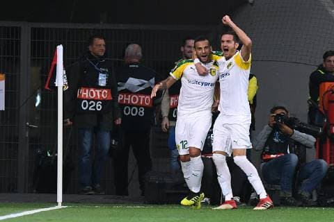 Fußball Europa League Gruppenphase 2. Spieltag Bayer 04 Leverkusen - AEK Larnaka am 04.10.2018 in der BayArena in Leverkusen Torjubel zum 0:1 durch Ivan Trickovski ( Larnaka ) DFL DFB regulations prohibit any use of photographs as image sequences and or quasi-video.
