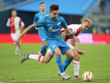 ST PETERSBURG, RUSSIA â€“ OCTOBER 4, 2018: FC Zenit St Petersburg s Elmir Nabiullin (L) and Slavia Praha s Jan Matousek in action in their 2018 19 UEFA Europa League Group C Round 2 football match at Saint Petersburg Stadium. Peter Kovalev TASS  TS0928D9