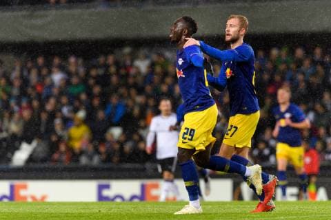 181004 Jean-Kevin Augustin and Konrad Laimer of RB Leipzigcelebrates after 0-1 during the Europa League match between Rosenborg and RB Leipzig on October 4, 2018 in Trondheim. Photo: Jon Olav Nesvold BILDBYRN kod JE 160318 Copyright: JONxOLAVxNESVOLD BB181004JE022