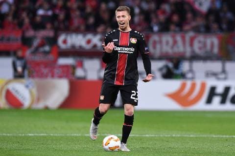 Fußball Europa League Gruppenphase 2. Spieltag Bayer 04 Leverkusen - AEK Larnaka am 04.10.2018 in der BayArena in Leverkusen Mitchell Weiser ( Leverkusen ) DFL DFB regulations prohibit any use of photographs as image sequences and or quasi-video.