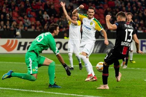 Leverkusen, Germany, 04.10.2018, UEFA Europa League - 2018 19 Season, Vorrunde, Gruppenphase - Gruppe A - 2. Spieltag, Bayer 04 Leverkusen - AEK Larnaka, TOR zum 2:1 durch Lucas Alario (B04) ( DeFodi001