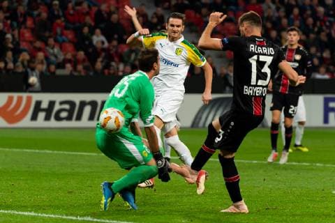 Sport Bilder des Tages Leverkusen, Germany, 04.10.2018, UEFA Europa League - 2018 19 Season, Vorrunde, Gruppenphase - Gruppe A - 2. Spieltag, Bayer 04 Leverkusen - AEK Larnaka, TOR zum 2:1 durch Lucas Alario (B04) ( DeFodi001