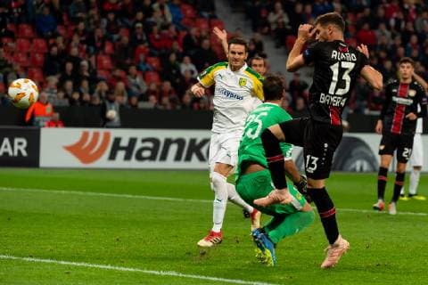 Leverkusen, Germany, 04.10.2018, UEFA Europa League - 2018 19 Season, Vorrunde, Gruppenphase - Gruppe A - 2. Spieltag, Bayer 04 Leverkusen - AEK Larnaka, TOR zum 2:1 durch Lucas Alario (B04) ( DeFodi001